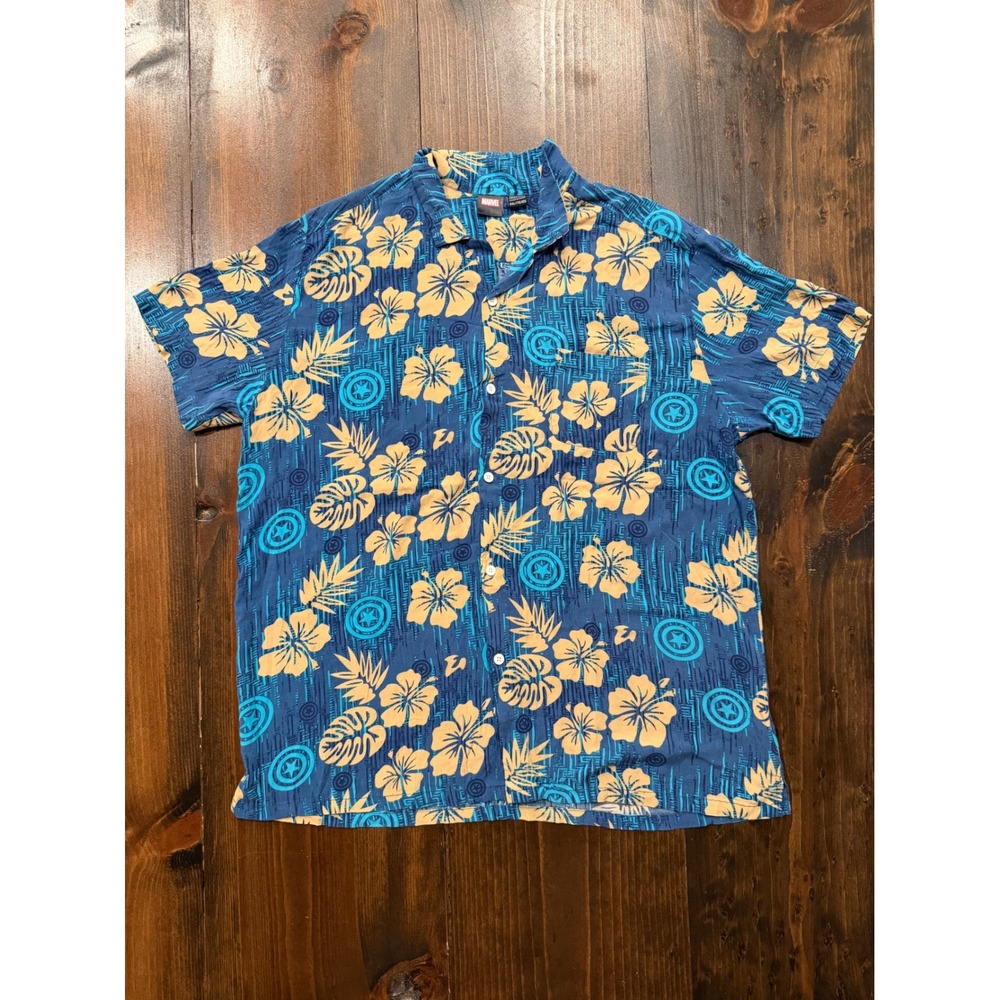 Marvel Captain America Mens XXL Blue Tropical Hibiscus Aloha Button Down Shirt